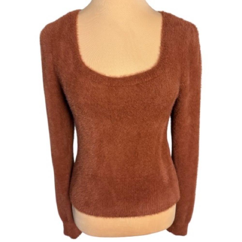 ASTR The Label Fuzzy Cropped Square Neck Puff Sleeve Sweater Terracotta Sz L-EUC